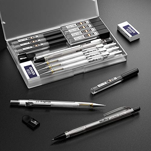 Nicpro 6PCS Art Mechanical Pencil Set, 4PCS Drafting Pencils 0.3 & 0.5 & 0.7 & 0.9 mm & 2PCS 2mm Lead Holder (4B 2B HB 2H) For Writing, Sketching Drawing With 12 Tube Lead Refills Erasers Case