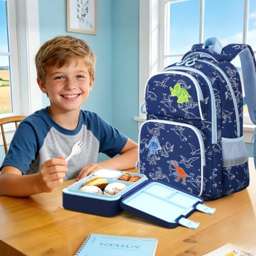 Kids Backpack for Boys 4-8, Cute 3D Embroidered Dinosaur Toddler Backpack with 34oz Lunch Box, Insulated Bag, Pen Case & Utensils, School Bookbag for Preschool Kindergarten Elementary Student - color: Dinosaur