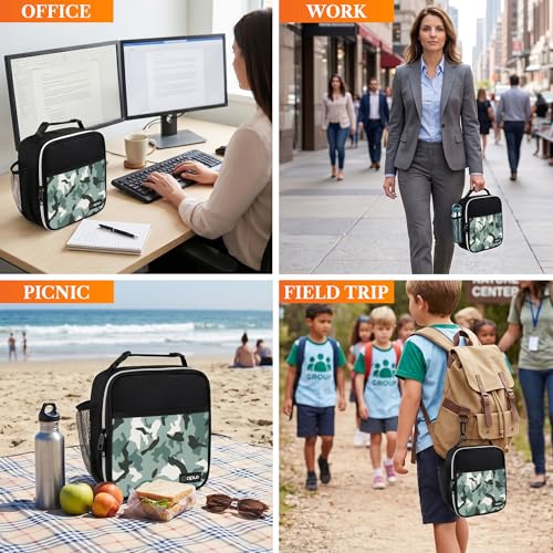 opux Insulated Lunch Bag for Kids Boys Girls, Small Compact Lunch Box with Wide Opening & Mesh Pockets, Reusable Lunch Pail for School, Work, Adults, Men, Women, Camo Green - color: Green Camo