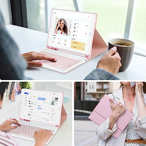 AHYWTAN Keyboard Case for iPad 9/8/7th Gen 10.2’’,Case with Keyboard ipad 10.2 inch,Detachable Bluetooth Keyboard with Pencil Holder,Pink - color: Pink