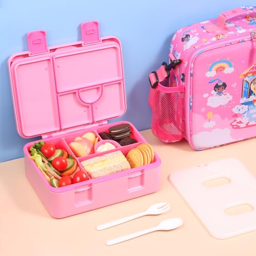 rockpapa Chill Bento Box for Kids- Large 5.5 Cups Lunch Box with Ice Pack - 5 Compartments, BPA-Free, Leak Proof, with Utensils & Portable Handle, Microwave/Dishwasher Safe (Pink Fairies) - color: Pink Fairies