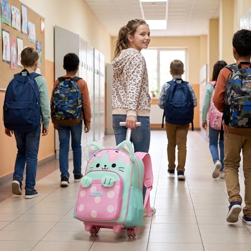 Meetbelify Backpack with Wheels for Girls Rolling Backpack Cute Cat Carry on Backpack Kids Luggage with Lunch Box Pencil Case for Elementary Student - color: Green Cat