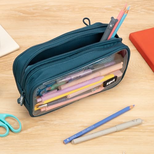 ZIPIT Half & Half Pencil Case, 3 Compartment Zipper Pouch for School, Stationery Bag for Teen Girls Boys and Adults, Teal - color: Teal