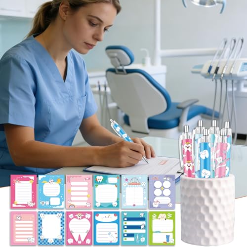 Wxiben Dental Pens with Sticky Notes Gifts 24 Pcs Teeth Ballpoint Pens Notepads Set Dental Assistant Accessories Tooth Appreciation Gift for Hygienist Student Teacher Nurse Office School Home - color: Dental