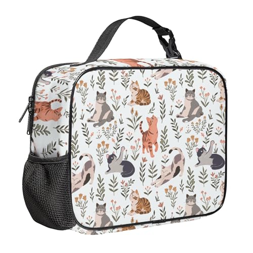 WOBAGMEN Large Lunch Box, Insulated Reusable Lunch Bag with Water Bottle Holder Portable Waterproof Leakproof Lunch Tote Bag Cute Lunch Box(Cream Cat Floral) - color: Cream Cat Floral