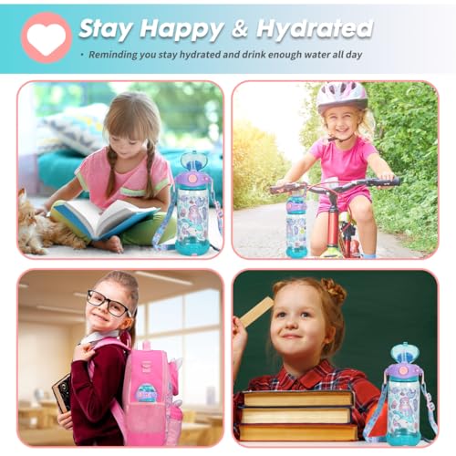 Kids Water Bottle with Straw/Lanyard for School Kids Girls Boys, 22oz BPA Free Child Drinking Water Bottle One-Click-Open Leak-Proof Locking Flip Lid for School Sport Travel - color: H03. Mermaid