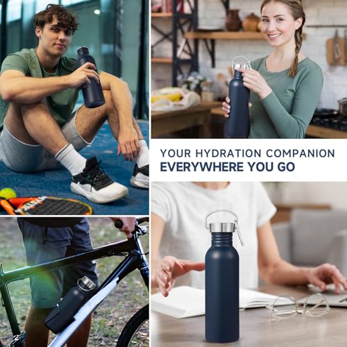 Volhoply 26oz Uninsulated Single Walled Water Bottle, Stainless Steel Reusable Water Bottles with Handle & Carabiner, BPA Free Wide Mouth Water Bottles for Gym Sports Camping(Navy,1) - color: Navy