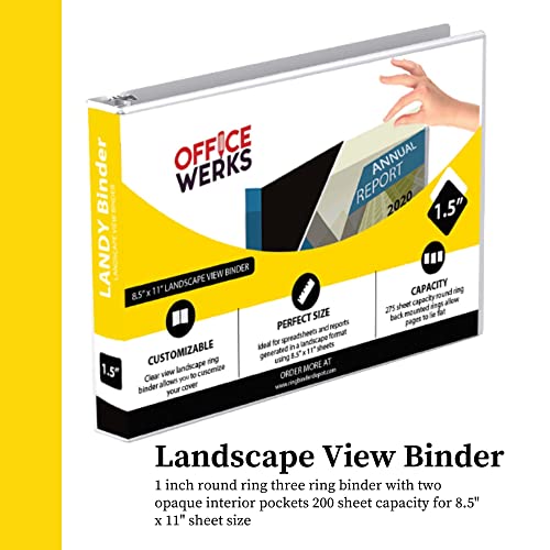 8.5" X 11" Landscape View Binder, 3-Ring 1.5 Inch Capacity Round Ring, White Horizontal Formatted with Clear Cover Pockets for Documents, Spreadsheets, Projects and More (Pack of 2) - size: 1.5 Inch (Pack of 2)