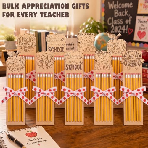 Marspark 71 Pcs/10 Sets Back to School Teacher Appreciation Gifts Bulk 10 Wooden Pencil Gift Boxes with 60 Pencils and Apple Ribbon First Day of School Teachers Thank You Gifts for Party Supplies