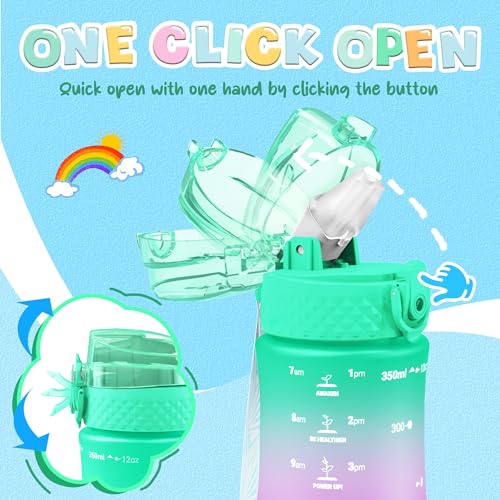 OLDLEY Kids Water Bottle for School, 12 oz (2 lids) BPA-Free Reusable Leak-proof Durable Tritan Plastic Water Bottles with Straw & Chug Lids, Anti-dust Spout Cover (Green Purple) - color: Green Purple, size: 12 Ounces