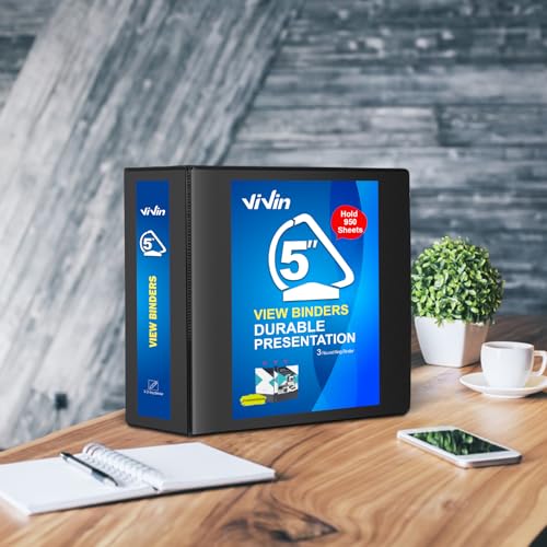 ViVin Durable 5 inch D Ring View Binder, Large 5" Slant-D Ring with 950-Sheet Capacity, Fit 8.5" x 11" Paper, 6 Pack(Black) - color: Black, size: 5 Inch, style: 6 Pack