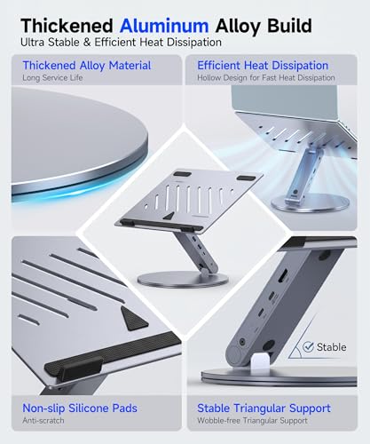 YICOSUN 6-in-1 USB C Laptop Docking Station Stand, 4K@60Hz HDMI, 100W PD, 5Gbps USB 3.0, 360° Swivel Adjustable Aluminum Laptop Stand for 10-15.6 Inch MacBook Pro Air Dell HP Lenovo Surface, Gray