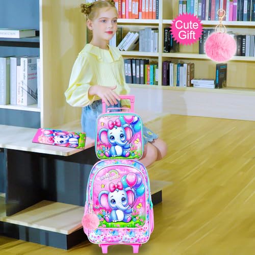 CCJPX 3PCS Rolling Backpack for Girls,Kids Backpacks with Roller Wheels and Lunch Box, Wheeled Bookbag for Toddler Elementary School - color: Pink Elephant