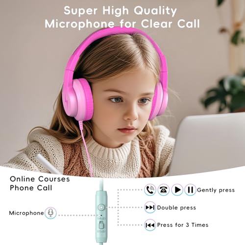 Candy Bila Kids Headphones, Wired Headphones for Kids Over Ear with Microphone, Foldable Headphone for Learning & Entertainment, Gradient Deep Pink - color: Gradient Deep Pink