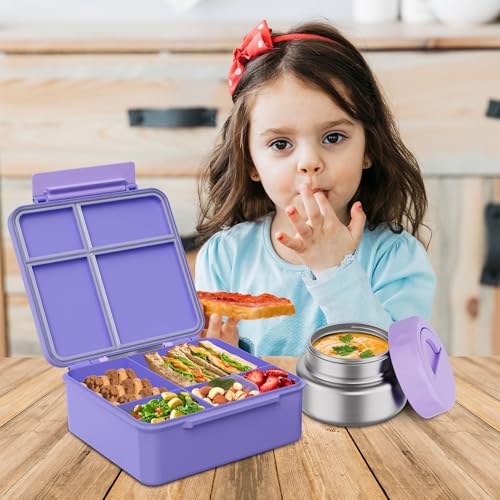 Bento Box for Kids with Thermo Food Container (9oz), 4-Compartment Lunch Box, Adjustable Divider, Leakproof Bento Lunch Box, Includes Utensils & Carry Bag for School, Office(Purple) - color: Pink