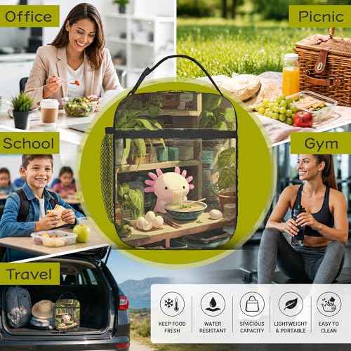 Axolotl Eating Ramen Kids Lunch Bag Insulated Lunch Box Cooler Freezable Meal Prep Bag with Shoulder Strap Waterproof Lunch Container for Boys Girls School Office Picnic - color: Axolotl Eating Ramen