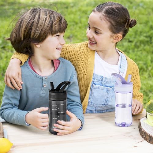 14oz Clear Kids Water Bottle with Straw Lid, BPA-Free Tritan, Measurement Scale, Sturdy Handle Wide Mouth Leak-proof Reusable Plastic Bottle for Boy& Girls, Back to School(Black) - color: Black