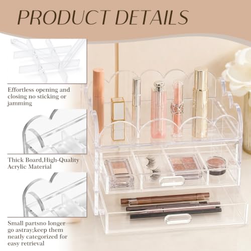 Scalloped Clear Acrylic 2-Drawer Organizer 5" x 5" with Removable 9 Compartment Divider, Storage Case for Sewing Supplies and Small Jewelry