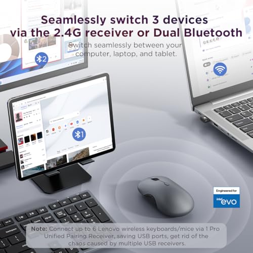 Lenovo 700 Modern Wireless Keyboard & Mouse Combo, 2.4 GHz Dongle & Dual Bluetooth Connection, AES-128 Encryption, 36 Month Battery Life, Quiet Mouse, Luna Grey - size: Combo