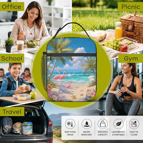 Tropical Pink Flamingo Beach Lunch Box Bag, Palm Tree Lunchbag Portable Lunch Bag,Reusable Insulated Freezer Lunch Bag for Men Women Kids Picnic Camping and Work - color: Tropical Pink Flamingo Beach