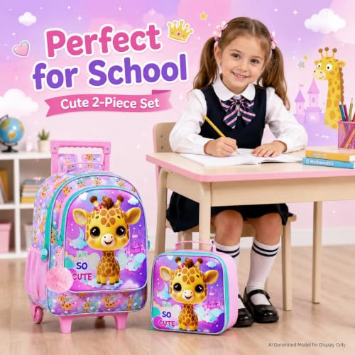HPJGD 3PCS Giraffe Rolling Backpack for Girls, Kids School Backpacks with Wheels, Water Resistant UV Printed Roller Wheeled Bookbag Set - color: Glittering Priting Yellow Giraffe Rolling Backpack
