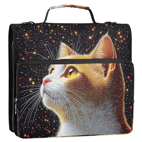 3 Ring Zipper Binder Starry Sky Cat Binders Bag with Shoulder Strap 500 Sheets Paper Organizer Trapper Keeper Documents Storage File Folder for School Office - color: A1186