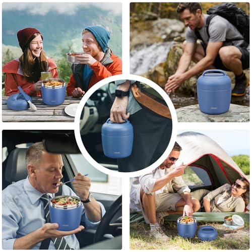 wiwens Thermo Food Jar for Hot Food Adults 32OZ Soup Thermo Lunch Containers Wide Mouth Vacuum Insulated Stainless Steel Leakproof Bento Box with Spoon - color: Blue3
