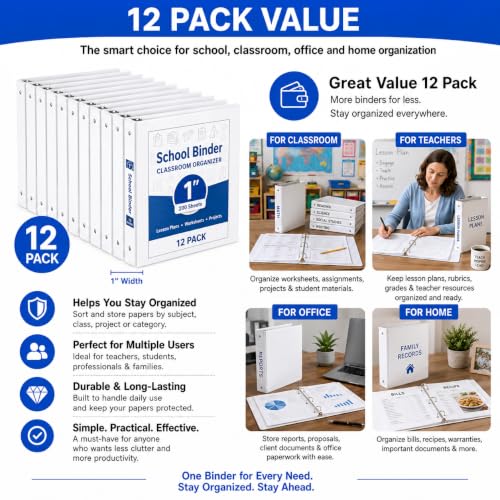 Durable 1 inch 3-Ring Binder, 1" Round Ring Binders with 2 Inside Pockets, Basic 1 in Binders, PVC- Free, Clear View Cover 1-inch-Binder Holds 8.5'' x 11''Paper for Office/School/Home(12 Pack, White - color: White, size: 1 inch, style: 12pack