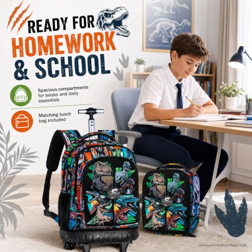 WZLVO 3PCS Rolling School Backpack, Water Resistance Roller Bookbag for Boys, Wheeled Bag Set with Lunch Box & Pencil Bag for Teens & Kids - Dinosaur Gathering