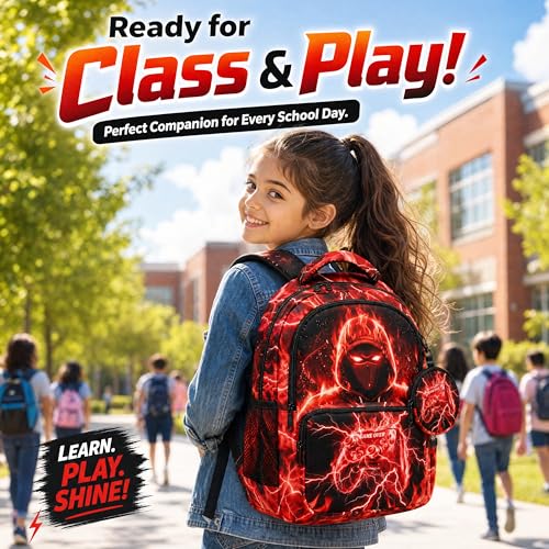 Game Backpack Set for Boys Kids, Gaming Kids Boys Backpack with Lunch Box, Pencil Bag and Coin Purse. Game School Bag 17" (Red) - color: Red-2