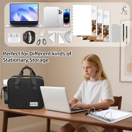 3 Inch D-Ring Zipper Binder Bag for 700 Sheet Capacity& 13 Inch Laptop Compartment, Detachable Zip Up Binder Case with 13 Expanding Pockets Accordion File Organizer for School Office (Black)