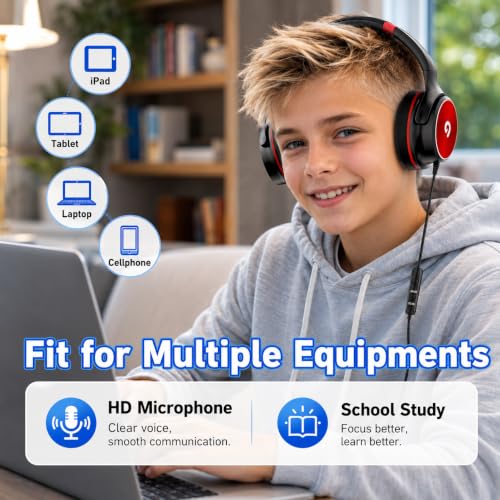 ADOOPE Kids Headphones with Safe 85dB/94dB Volume Limiter for Teen and Boys, Foldable HD Stereo Sound Headset for Kindle Kids/fire Tablet/iPad/Laptop, Headphones with Microphone (Black-red) - color: Black Red