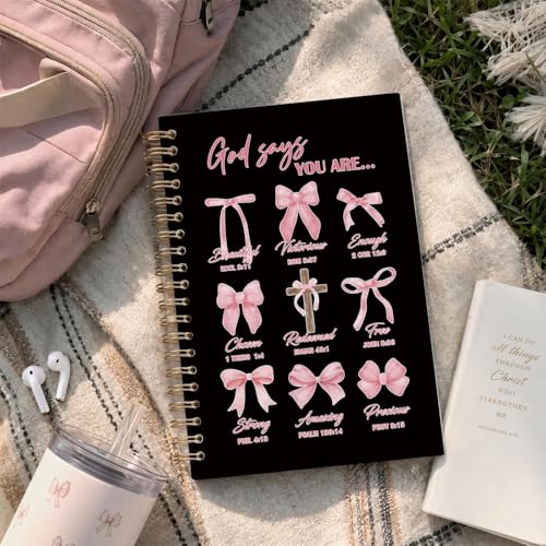 VONTP Bible Black Bow Christian Notebook Journal for Women, 5.5 x 8.3 Inch | Christian Girl Energy Journal, Christian Study Notebook, Cute Preppy Bible Study Spiral Notebook for Bible Notes - color: 001-Black