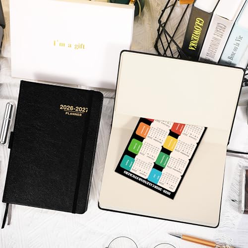 Planner 2026-2027 - 2026-2027 Weekly Monthly Calendar, July 2026 - June 2027, 5.85'' x 8.5'' Agenda with Leather Cover, Pen Holder, Elastic Closure, 24 Ruled Pages - color: Black