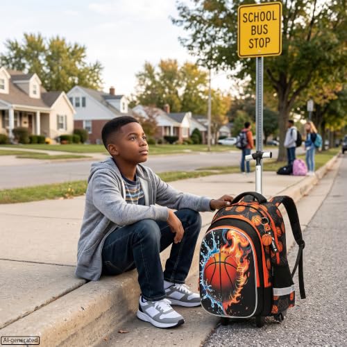 Meetbelify Rolling Backpack for Boys Basketball Backpack with Wheels Kids Roller Suitcase Travel Luggage for Elementary Student Ages 6-8 - color: Basketball