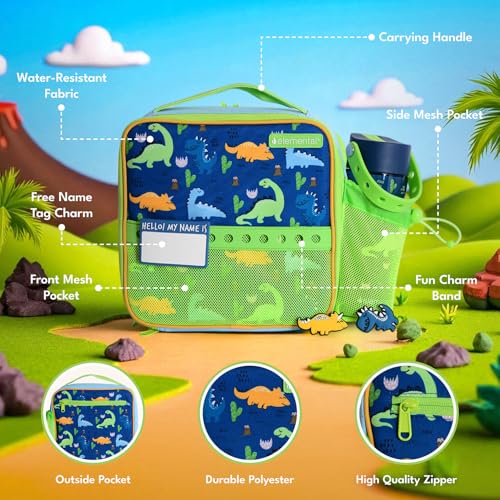 Elemental Insulated Lunch Bag for Kids, with Water Bottle Pocket & Charm Band, Fits Lunch Box, Lunch Bag for School to Keeps Food at Optimal Temperature, 3L - Dinosaur - color: Green