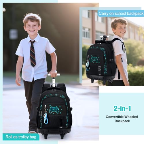ACESAK Rolling Backpack for Boys, Kids Backpack with Wheels Portable with Insulated Lunch Box & Pencil Case, Multi-Pocket Roller Backpack for Preschool Kindergarten Kids Boys Travel(Black Game) - color: Black Game