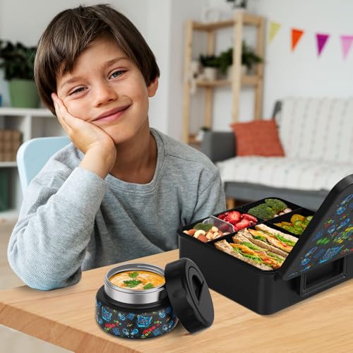 Bento Box for Kids with Thermo Food Container (9oz), 4-Compartment Lunch Box, Adjustable Divider, Leakproof Bento Lunch Box, Includes Utensils & Carry Bag for School, Office(Black-Game) - color: Black-Game