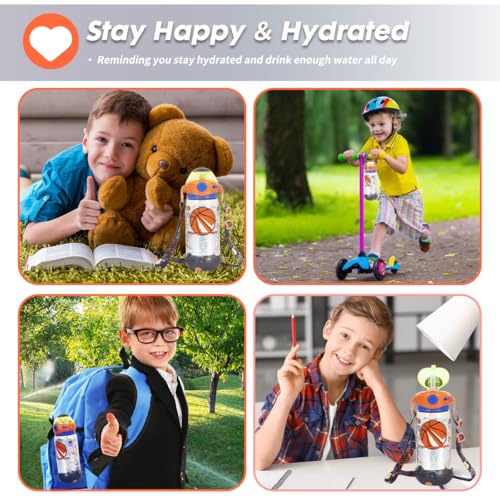 Kids Water Bottle with Straw/Lanyard for School Kids Girls Boys, 22oz BPA Free Child Drinking Water Bottle One-Click-Open Leak-Proof Locking Flip Lid for School Sport Travel - color: H12. Basketball
