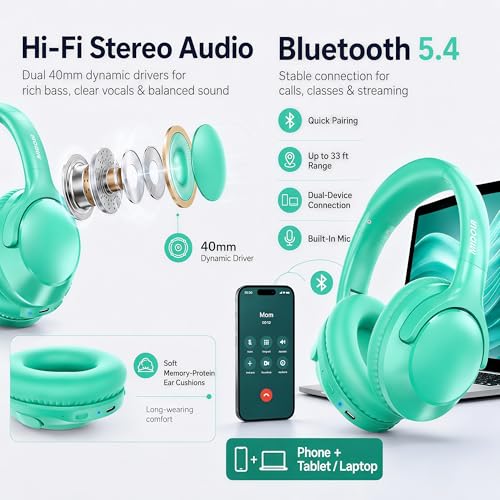 MIDOLA Bluetooth Headphones Over Ear, 68H Playtime Wireless Headphones with Microphone, 6 EQ Modes, HiFi Stereo Deep Bass, Foldable Lightweight Headset for Home Office, Cellphone, PC, Cyan - color: Cyan