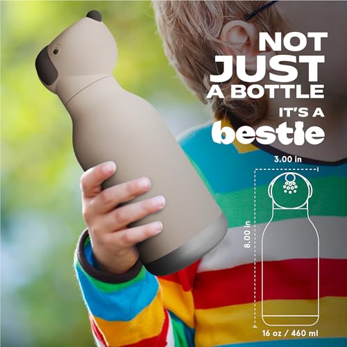 asobu Bestie Bottle Insulated Stainless Steel Water Bottle with Detachable Soft Animal Head Fun Drinking For Kids and Teens16 Ounce (Beige Dog) - color: Beige Dog
