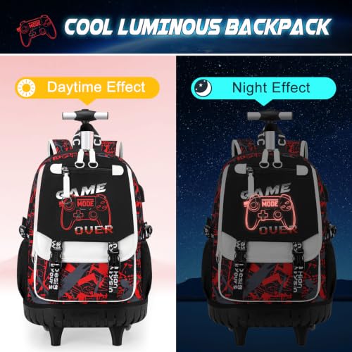 Bevalsa Rolling Backpack for Boys, Roller Backpack with Wheels, Wheeled School Bag with Sling Bag, Lunch Box & Pen Case for Kids Children Teens Elementary Middle Student Glow In The Dark - color: Red