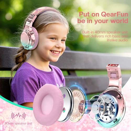 QearFun Kids Bluetooth Headphones, 60H Playtime, 74/85/94dB Safe Volume Limit, Metallic Gradient Wireless Headset with HD Mic, Fast Charging, Foldable, Wired 3.5mm Mode for School/Tablet/Travels - color: Pink