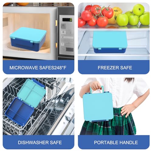 Kids Bento Lunch Box with 8oz Soup Thermo, Water Bottle, Kids Leakproof Lunch Food Containers with 4 Compartment, Insulated Hot Food Jar with Lunch Bag for School, Trvael (Blue) - color: Blue