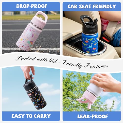 14 Oz Kids Water Bottle, Stainless Steel Water Bottle with Straws, Leak-Proof, BPA-Free, Insulated Water Bottles for School Boys & Girls|Blue Dinosaur - color: Blue cartoon dinosaur
