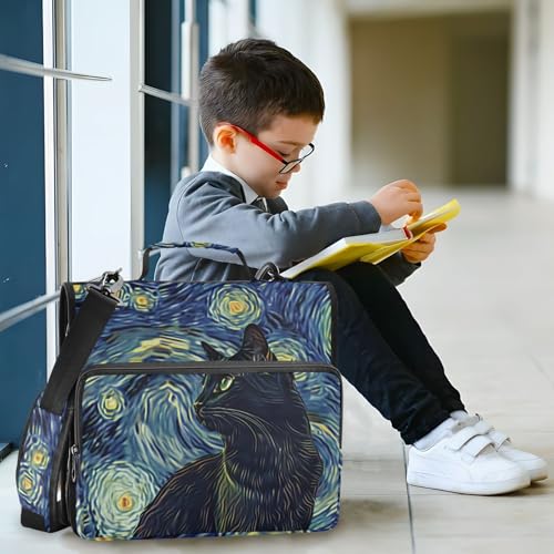 3 Ring Binder Zipper Binders Van Gogh Starry Sky Black Cat Expanding File Folder Bag with Shoulder Strap