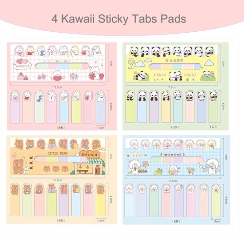 4 Pads Cute Cartoon Self-Stick Index Tabs Sticky Note Tabs Page Flags Bookmarks Mini Sticky Note Paper Page Markers Stickers for Students Books File Notebooks,120 Sheets/pad