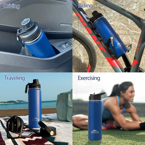 24oz Insulated Water Bottle–Vacuum Stainless Steel Bottle with | Straw, Spout, Handle, 3 Lids–Leak Proof, BPA Free, Fits Cup Holders–Metal Thermos for Hiking, Gym, Car, Bike (Dark Blue) - color: Dark Blue