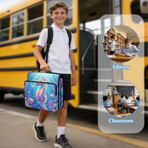 Seahorse 2-inch 3 Ring Zipper Binder with Shoulder Strap Holds 14 Inch Laptop for Students and Office - color: Seahorse