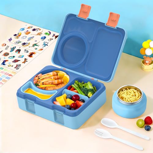 Bento Box for Kids, Leakproof Kids Bento Lunch Box Container with 8oz Insulated Thermo Food Jar, Sauce Jar, Utensil, DIY Stickers for School Boys Girls, 3-4 Compartments, BPA-Free - color: Blue Orange